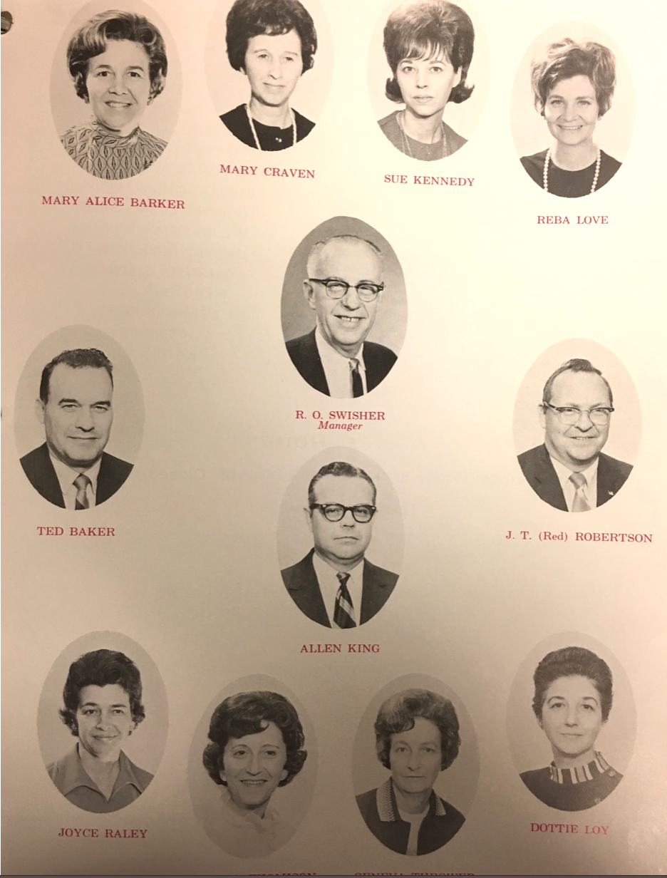 Office staff of TVA Employees Federal Credit Union, late 1960s. R.O. Swisher center, top. 